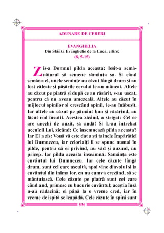 C M
Y K                                                              K




                     ADUNARE DE CERERI

                          EVANGHELIA
              Din Sf=nta Evanghelie de la Luca, citire:
                             (8, 5-15)



        Z     is-a Domnul pilda aceasta: Ie[it-a sem-
              ntorul s semene sm=n]a sa. {i c=nd
      semna el, unele semin]e au czut l=ng drum [i au
      fost clcate [i psrile cerului le-au m=ncat. Altele
      au czut pe piatr [i dup ce au rsrit, s-au uscat,
      pentru c nu aveau umezeal. Altele au czut `n
      mijlocul spinilor [i cresc=nd spinii, le-au `nbu[it.
      Iar altele au czut pe pm=nt bun [i rsrind, au
      fcut rod `nsutit. Acestea zic=nd, a strigat: Cel ce
      are urechi de auzit, s aud! {i L-au `ntrebat
      ucenicii Lui, zic=nd: Ce `nsemneaz pilda aceasta?
      Iar El a zis: Vou v este dat a [ti tainele ~mpr]iei
      lui Dumnezeu, iar celorlal]i li se spune numai `n
      pilde, pentru c ei privind, nu vd [i auzind, nu
      pricep. Iar pilda aceasta `nseamn: Sm=n]a este
      cuv=ntul lui Dumnezeu. Iar cele czute l=ng
      drum, sunt cei care ascult, apoi vine diavolul [i ia
      cuv=ntul din inima lor, ca nu cumva crez=nd, s se
      m=ntuiasc. Cele czute pe piatr sunt cei care
      c=nd aud, primesc cu bucurie cuv=ntul; ace[tia `ns
      n-au rdcin; ei p=n la o vreme cred, iar `n
      vreme de ispit se leapd. Cele czute `n spini sunt
                                536
                                                                C M
 K                                                              Y K
 