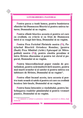 C M
Y K




                        LITURGHIERUL PASTORAL

         Pentru pacea a toat lumea, pentru bunstarea
      sfintelor lui Dumnezeu Biserici [i pentru unirea tu-
      turor, Domnului s ne rugm.
         Pentru sfânt biserica aceasta [i pentru cei care
      cu credin], cu evlavie [i cu fric de Dumnezeu
      intr [i se roag `ntr-`nsa, Domnului s ne rugm.
         Pentru Prea Fericitul Printele nostru (N), Pa-
      triarhul Bisericii Ortodoxe Române, [pentru
      (~nalt) Prea Sfin]itul (Arhi-) Episcopul ([i Mitro-
      politul) nostru (N)], pentru cinstita preo]ime [i
      `ntru Hristos diaconime [i pentru tot clerul [i po-
      porul, Domnului s ne rugm.
         Pentru binecredinciosul popor rom=n de pre-
      tutindeni, pentru oc=rmuitorii ]rii noastre, pentru
      mai-marii ora[elor [i ai satelor [i pentru o[tirea cea
      iubitoare de Hristos, Domnului s ne rugm*.
         Pentru sfânt loca[ul acesta, ]ara aceasta [i pen-
      tru toate ora[ele [i satele [i pentru cei care cu credin]
      locuiesc `ntr-`nsele, Domnului s ne rugm.
        Pentru buna `ntocmire a vzduhului, pentru `m-
      bel[ugarea roadelor pmântului [i pentru vremuri
      pa[nice, Domnului s ne rugm.
          * ~n mnstiri [i schituri se pomenesc stare]ul [i egumenul cu ob[tea, dup
      r=nduial.
                                           86
                                                                                        C M
                                                                                        Y K
 