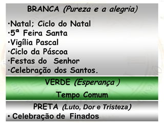 BRANCA (Pureza e a alegria)
•Natal; Ciclo do Natal
•5ª Feira Santa
•Vigília Pascal
•Ciclo da Páscoa
•Festas do Senhor
•Celebração dos Santos.
VERDE (Esperança )
Tempo Comum
PRETA (Luto, Dor e Tristeza)
• Celebração de Finados
 