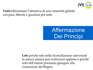 Affermazione
Dei Princìpi
(VI)
Tutti:Affermiamo l’obiettivo di una comunità globale
con pace, libertà, e giustizia per tutti;
Lett: perché solo nella riconciliazione universale
la natura umana può realizzarsi appieno e perchè
solo nell’amore possiamo giungere alla
costruzione del Regno;
 