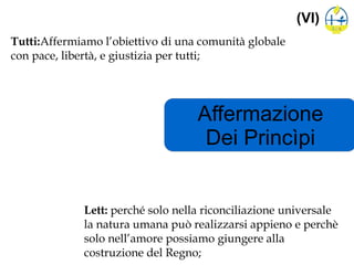 Affermazione
Dei Princìpi
(VI)
Tutti:Affermiamo l’obiettivo di una comunità globale
con pace, libertà, e giustizia per tutti;
Lett: perché solo nella riconciliazione universale
la natura umana può realizzarsi appieno e perchè
solo nell’amore possiamo giungere alla
costruzione del Regno;
 