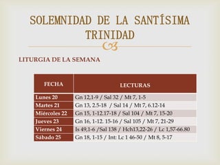 SOLEMNIDAD DE LA SANTÍSIMA TRINIDAD LITURGIA DE LA SEMANA 