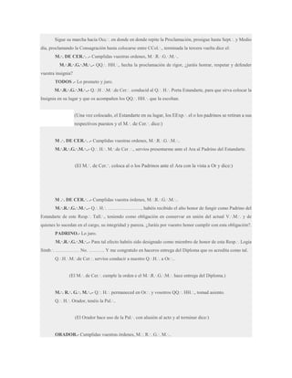 Sigue su marcha hacia Occ.·. en donde en donde repite la Proclamación, prosigue hasta Sept.·. y Medio
día, proclamando la Consagración hasta colocarse entre CCol.·., terminada la tercera vuelta dice el:
M.·. DE CER.·. .- Cumplidas vuestras ordenes, M.·.R.·.G.·.M.·..
M.·.R.·.G.·.M.·..- QQ.·. HH.·., hecha la proclamación de rigor, ¿juráis honrar, respetar y defender
vuestra insignia?
TODOS .- Lo prometo y juro.
M.·.R.·.G.·.M.·..- Q.·.H .·.M.·.de Cer.·. conducid al Q.·. H.·. Porta Estandarte, para que sirva colocar la
Insignia en su lugar y que os acompañen los QQ.·. HH.·. que la escoltan.

(Una vez colocado, el Estandarte en su lugar, los EExp.·. el o los padrinos se retiran a sus
respectivos puestos y el M.·. de Cer.·. dice:)
M .·. DE CER.·. .- Cumplidas vuestras ordenes, M.·.R.·.G.·.M.·..
M.·.R.·.G.·.M.·..- Q.·. H.·. M.·.de Cer .·., servíos presentarme ante el Ara al Padrino del Estandarte.

(El M.·. de Cer.·. coloca al o los Padrinos ante el Ara con la vista a Or y dice:)

M .·. DE CER.·. .- Cumplidas vuestra órdenes, M.·.R.·.G.·.M.·..
M.·.R.·.G.·.M.·..- Q.·. H.·. …………………, habéis recibido el alto honor de fungir como Padrino del
Estandarte de este Resp.·. Tall.·., teniendo como obligación en conservar en unión del actual V.·.M.·. y de
quienes lo sucedan en el cargo, su integridad y pureza. ¿Juráis por vuestro honor cumplir con esta obligación?.
PADRINO.- Lo juro.
M.·.R.·.G.·.M.·..- Para tal efecto habéis sido designado como miembro de honor de esta Resp.·. Logia
Simb.·. …………… No. ………. Y me congratulo en haceros entrega del Diploma que os acredita como tal.
Q.·.H.·.M.·.de Cer.·. servíos conducir a nuestro Q.·.H.·. a Or.·..
(El M.·. de Cer.·. cumple la orden e el M.·.R.·.G.·.M.·. hace entrega del Diploma.)
M.·. R.·. G.·. M.·..- Q.·. H.·. permaneced en Or.·. y vosotros QQ.·. HH.·., tomad asiento.
Q.·. H.·. Orador, tenéis la Pal.·..
(El Orador hace uso de la Pal.·. con alusión al acto y al terminar dice:)
ORADOR.- Cumplidas vuestras órdenes, M.·. R.·. G.·. M.·..

 