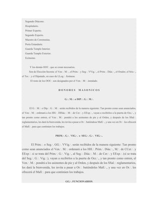 Segundo Diácono.
Hospitalario.
Primer Experto.
Segundo Experto.
Maestro de Ceremonias.
Porta Estandarte.
Guarda Templo Interior.
Guarda Templo Exterior.
Ecónomo.
Y los demás OOf.·. que se crean necesarios.
Son de Elección Secreta: el Ven.·. M.·., el Prim.·. y Seg.·. VVig.·., el Prim.·. Diác.·., el Orador, el Srio.·.,
el Tes.·. y el Diputado, en caso de LLog.·. foráneas.
El resto de los OOf.·. son designados por el Ven.·. M.·. instalado.

HONORES

MASONICOS

G.·. M.·. o DIP.·. G.·. M.·.
El G.·. M.·. o Dip.·. G.·. M.·. serán recibidos de la manera siguiente: Tan pronto como sean anunciados,
el Ven.·. M.·. ordenará a los HH.·. DDiác.·. M.·. de Cer.·. y EExp.·., vayan a recibirlos a la puerta de Occ.·., y
tan pronto como entren, el Ven.·. M.·. pondrá a los asistentes de pie y al Orden, y después de los SSal.·.
reglamentarios, les dará la bienvenida, les invita a pasar a Or.·. batiéndose Mall.·., y una vez en Or.·. les ofrecerá
el Mall.·. para que continúen los trabajos.
PRIM.·. G.·. VIG.·. o SEG.·. G.·. VIG.·..

El Prim.·. o Seg.·. GG.·. VVig.·. serán recibidos de la manera siguiente: Tan pronto
como sean anunciados el Ven.·. M.·. ordenará a los HH.·. Prim.·. Diác.·., M.·. de CCer.·. y
EExp.·. si se trata del Prim.·. G.·. Vig.·., al Seg.·. Diác.·. M.·. de Cer.·. y EExp.·. (sí se trata
del Seg.·. G.·. Vig.·.), vayan a recibirlos a la puerta de Occ.·., y tan pronto como entren, el
Ven.·. M.·. pondrá a los asistentes de pie y al Orden, y después de los SSal.·. reglamentarios,
les dará la bienvenida, les invita a pasar a Or.·. batiéndoles Mall.·., y una vez en Or.·. les
ofrecerá el Mall.·. para que continúen los trabajos.
GG.·. FUNCIONARIOS

 