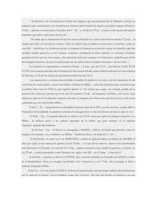 Si trazamos a la circunferencia interior una tangente que sea perpendicular al diámetro vertical, los
puntos en que esta tangente a la circunferencia exterior, determinarán los lugares que deben ocupar el Orador y
el Srio.·., quienes se encuentran a 30 grados del V.·. M.·. y a 60 de los VVig.·., es decir, a dos tercios del espacio
trimestral que indica cada cuarto de círculo.
De modo que la disposición de las dos mesas solsticiales es, como la bóveda de nuestro TTemp.·., la
imagen del cielo y de las épocas solares. Todos los objetos que se hallan en estas mesas, recuerdan, como los
tres GGr.·. simbólicos, los elementos de que se compone la Naturaleza en sus tres reinos: los utensilios que han
recibido nombre guerreros en los tiempos modernos, pertenecen al reino mineral. Los diversos alimentos
guardan relación con los otros reinos. ¿No representa todo este conjunto a la Naturaleza, simboliza por medio
del triángulo luminoso, de que el conocimiento de sus lados cierra el estudio trinosófico o de tres GGr.·.?
Los solsticios se representan en nuestros TTemp.·. y LLog.·. por dos CCol.·., que indican el NEC PLUS
ULTRA de la marcha aparente del sol durante los doce meses del año, meses simbolizados por los doce trabajos
de Hércules, al fin de los cuales de encuentran también las dos CCol.·..
Los equinoccios y solsticios han recibido el nombre de puerta de los cielos y de las estaciones; de ahí
vienen los dos santos Juanes, cuyas festividades celebran los MMas.·. en los dos solsticios, pues recuérdese que
la palabra Juan viene de JANUA, que significa puerta. La Vía Láctea que, según ese sistema, pasaba por la
puerta de los solsticios, parecía servir de ruta. En nuestros TTrab.·. de banquetes se brinda siete veces, cuyo
número es igual al de los planetas a quienes ofrecían los antiguos siete libaciones, que hoy en hoy en día se has
substituido por los siete brindis MMas.·..
El del V.·.M.·.: antiguamente se ofrendaba la primera libación al SOL, rey del universo, a quién debe la
Naturaleza su fecundidad; los pueblos modernos la consagran hoy en día al Gobierno del país en que se vive.
El Prim.·. Vig.·. la segunda libación se ofrecía a la LUNA, astro que según los antiguos misterios. Los
MMas.·. la dedican ahora a los poderes supremos de la Orden, que para nosotros es el supremo
regulador después del Gobierno.
El del Seg.·. Vig.·.: el tercero se consagraba a MARTE o ARIES, divinidad que presidía entre los
antiguos los consejos y los combates. Los MMas.·. brindamos ahora a la salud del V.·.M.·..
El del Orador: el cuarto era el de MERCURIO, a quién los egipcios daban al nombre de ANUBIS, el
dios que vigila, el que anuncia la apertura de los TTrab.·. y el cese de los mismos. Ahora se ha transformado
esta liberación en el brindis a la salud de los VVig.·., quienes anuncian como Anubis la apertura y clausura de
los TTrab.·. y están encargados, como Mercurio de vigilar a los HH.·. en el Temp.·. y fuera de él.
El del Srio.·. el quinto se ofrecía a JUPITER, dios conocido también con el nombre de XENIUS, el dios
de la Hospitalidad. Ahora se consagra este brindis a los Visitadores y a los TTall.·. de la amistad, es decir a
nuestros huéspedes MMas.·..
El del Tes.·. El sexto era el de VENUS, la diosa de la generación; esta divinidad, símbolo de la Naturaleza,
era el canto de los dioses y de los hombres, como dice Lucrecia. Hoy día este brindis se substituye con una

 