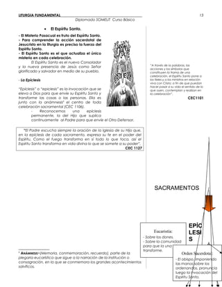 LITURGIA FUNDAMENTAL_____________________________________________
Diplomado SOMELIT Curso Básico
• El Espíritu Santo.
- El Misterio Pasacual es fruto del Espíritu Santo.
- Para comprender la acción sacerdotal de
Jesucristo en la liturgia es preciso la fuerza del
Espíritu Santo.
- El Espíritu Santo es el que actualiza el único
misterio en cada celebración.
El Espíritu Santo es el nuevo Consolador
y la nueva presencia de Jesús como Señor
glorificado y salvador en medio de su pueblo.
- La Epíclesis
“Epíclesis” o “epiclesis” es la invocación que se
eleva a Dios para que envíe su Espíritu Santo y
transforme las cosas o las personas. Ella es
junto con la anámnesis6
el centro de toda
celebración sacramental (CEC 1106).
- Reconocemos una epíclesis
permanente, la del Hijo que suplica
continuamente al Padre para que envíe el Otro Defensor.
“El Padre escucha siempre la oración de la Iglesia de su Hijo que,
en la epíclesis de cada sacramento, expresa su fe en el poder del
Espíritu. Como el fuego transforma en sí todo lo que toca, así el
Espíritu Santo transforma en vida divina lo que se somete a su poder”.
CEC 1127
6
ANÁMNESIS=(Memoria, conmemoración, recuerdo), parte de la
plegaria eucarística que sigue a la narración de la institución o
consagración, en la que se conmemora los grandes acontecimientos
salvíficos.
“A través de la palabras, las
acciones y los símbolos que
constituyen la trama de una
celebración, el Espíritu Santo pone a
los fieles y a los ministros en relación
viva con Cristo; a fin de que puedan
hacer pasar a su vida el sentido de lo
que oyen, contemplan y realizan en
la celebración”.
CEC1101
SACRAMENTOS
EPÍC
LESI
S
13
Eucaristía:
- Sobre los dones.
- Sobre la comunidad
para que la una y la
transforme.
Orden Sacerdotal:
- El obispo, imponiendo
las manos sobre los
ordenandos, pronuncia
luego la invocación del
Espíritu Santo.
 