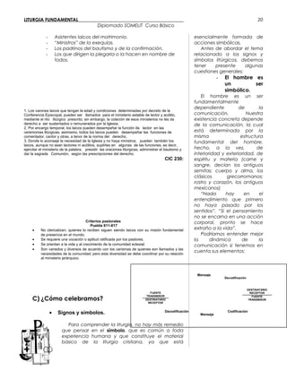 LITURGIA FUNDAMENTAL_____________________________________________
Diplomado SOMELIT Curso Básico
- Asistentes laicos del matrimonio.
- “Ministros” de la exequias.
- Los padrinos del bautismo y de la confirmación.
- Los que dirigen la plegaria o la hacen en nombre de
todos.
1. Los varones laicos que tengan la edad y condiciones determinadas por decreto de la
Conferencia Episcopal, pueden ser llamados para el ministerio estable de lector y acólito,
mediante el rito litúrgico prescrito; sin embargo, la colación de esos ministerios no les da
derecho a ser sustentados o remunerados por la Iglesia.
2. Por encargo temporal, los laicos pueden desempeñar la función de lector en las
ceremonias litúrgicas; asimismo, todos los laicos pueden desempeñar las funciones de
comentador, cantor y otras, a tenor de la norma del derecho.
3. Donde lo aconseje la necesidad de la Iglesia y no haya ministros, pueden también los
laicos, aunque no sean lectores ni acólitos, suplirles en algunas de las funciones, es decir,
ejercitar el ministerio de la palabra, presidir las oraciones litúrgicas, administrar el bautismo y
dar la sagrada Comunión, según las prescripciones del derecho.
CIC 230:
Criterios pastorales
Puebla 811-817
• No clericalizan; quienes lo reciben siguen siendo laicos con su misión fundamental
de presencia en el mundo.
• Se requiere una vocación o aptitud ratificada por los pastores.
• Se orientan a la vida y al crecimiento de la comunidad eclesial.
• Son variados y diversos de acuerdo con los carismas de quienes son llamados y las
necesidades de la comunidad; pero esta diversidad se debe coordinar por su relación
al ministerio jerárquico.
C) ¿Cómo celebramos?
• Signos y símbolos.
Para comprender la liturgia, no hay más remedio
que pensar en el símbolo, que es común a toda
experiencia humana y que constituye el material
básico de la liturgia cristiana, ya que está
esencialmente formada de
acciones simbólicas.
Antes de abordar el tema
relacionado a los signos y
símbolos litúrgicos, debemos
tener presente algunas
cuestiones generales:
- El hombre es
un ser
simbólico.
El hombre es un ser
fundamentalmente
dependiente de la
comunicación. Nuestra
existencia concreta depende
de la comunicación, la cual
está determinada por la
misma estructura
fundamental del hombre,
hecho, a la vez, de
interioridad y exterioridad, de
espíritu y materia (carne y
sangre, decían los antiguos
semitas; cuerpo y alma, los
clásicos grecorromanos;
rostro y corazón, los antiguos
mexicanos)
“Nada hay en el
entendimiento que primero
no haya pasado por los
sentidos”. “Si el pensamiento
no se encarna en una acción
corporal, pronto se hace
extraño a la vida”.
Podríamos entender mejor
la dinámica de la
comunicación si tenemos en
cuenta sus elementos:
20
FUENTE
TRANSMISOR
DESTINATARIO
RECEPTOR
DESTINATARIO
RECEPTOR
FUENTE
TRANSMISOR
Mensaje
Decodificación
Decodificación
Mensaje
Codificación
 