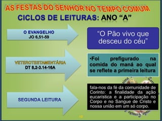 10
•Foi prefigurado na
comida do maná ao qual
se reflete a primeira leitura
JO 6,51-59
 