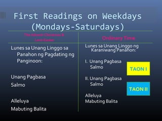 First Readings on Weekdays
(Mondays-Saturdays)
The Advent-Christmas &
Lent-Easter OrdinaryTime
Lunes sa Unang Linggo sa
Panahon ng Pagdating ng
Panginoon:
Unang Pagbasa
Salmo
Alleluya
Mabuting Balita
Lunes sa Unang Linggo ng
Karaniwang Panahon:
I. Unang Pagbasa
Salmo
II. Unang Pagbasa
Salmo
Alleluya
Mabuting Balita
TAON I
TAON II
 