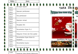 Waktu Acara
09.00 Ibadah
09.00-
09.10
Persiapan ibadah
09.10-
09.15
Nyanyian pembukaan
09.15-
09.20
Doa pembukaan
09.20-
09.25
Nyanyian Jemaat
09.25-
09.35
Penyalaan lilin
09.35-
09.40
Persembahan Pujian Tk. I
09.40-
10.40
Pelayanan Firman dan Doa syafaat
10.40-
10.45
Persembahan Pujian Dosen &
Karyawan
10.45-
10.55
Persembahan Syukur
10.55-
11.00
Pengutusan & Berkat
11.00 Perayaan NataL & Tahun Baru
11.00-
Sambutan Ketua Panitia Mahasiswa
“Hid
 