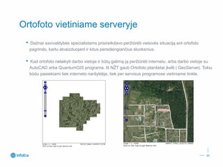 Ortofotovietiniame serveryje 
•Dažnai savivaldybės specialistams prisireikdavo peržiūrėti vietovės situaciją ant ortofotopagrindo, kartu atvaizduojant ir kitus persidengiančius sluoksnius. 
•Kad ortofotonelaikyti darbo vietoje ir būtų galimą ją peržiūrėti internetu, arba darbo vietoje su AutoCADarba QuantumGISprograma. Iš NŽT gauti Ortofotoplanšetaiįkelti į GeoServerį. Tokiu būdu pasiekiami tiek interneto naršyklėje, tiek per servisus programose vietiniame tinkle. 
05 
 