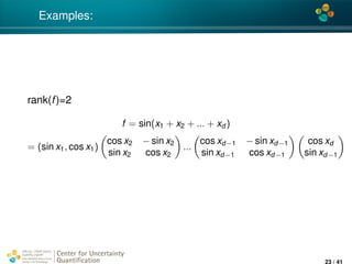 4*
Examples:
rank(f)=2
f = sin(x1 + x2 + ... + xd )
= (sin x1, cos x1)
cos x2 − sin x2
sin x2 cos x2
...
cos xd−1 − sin xd−1
sin xd−1 cos xd−1
cos xd
sin xd−1
Center for Uncertainty
Quantiﬁcation
ation Logo Lock-up
23 / 41
 
