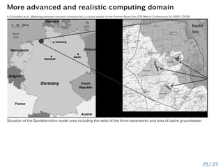More advanced and realistic computing domain
A. Schneider et al., Modeling saltwater intrusion scenarios for a coastal aquifer at the German North Sea, E3S Web of Conferences 54, 00031 (2018)
Situation of the Sandelermöns model area including the wells of the three waterworks and area of saline groundwater.
25 / 27
 