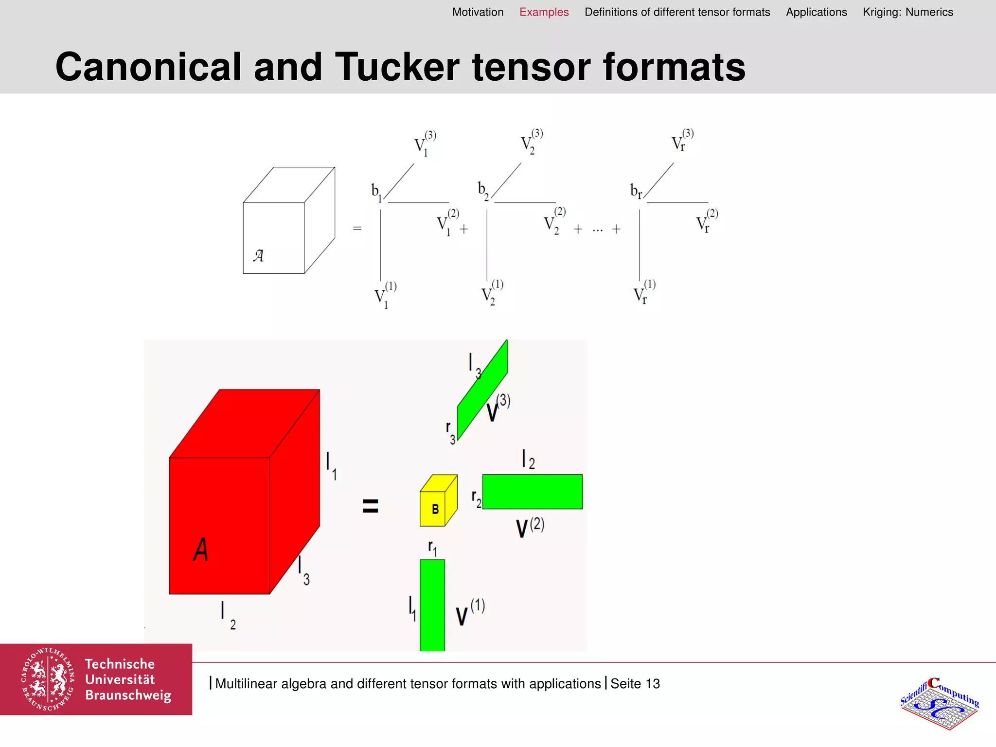 Motivation Examples Deﬁnitions of different tensor formats Applications Kriging: Numerics
Canonical and Tucker tensor formats
CC
SCScientifi omputing
Multilinear algebra and different tensor formats with applications Seite 13
 