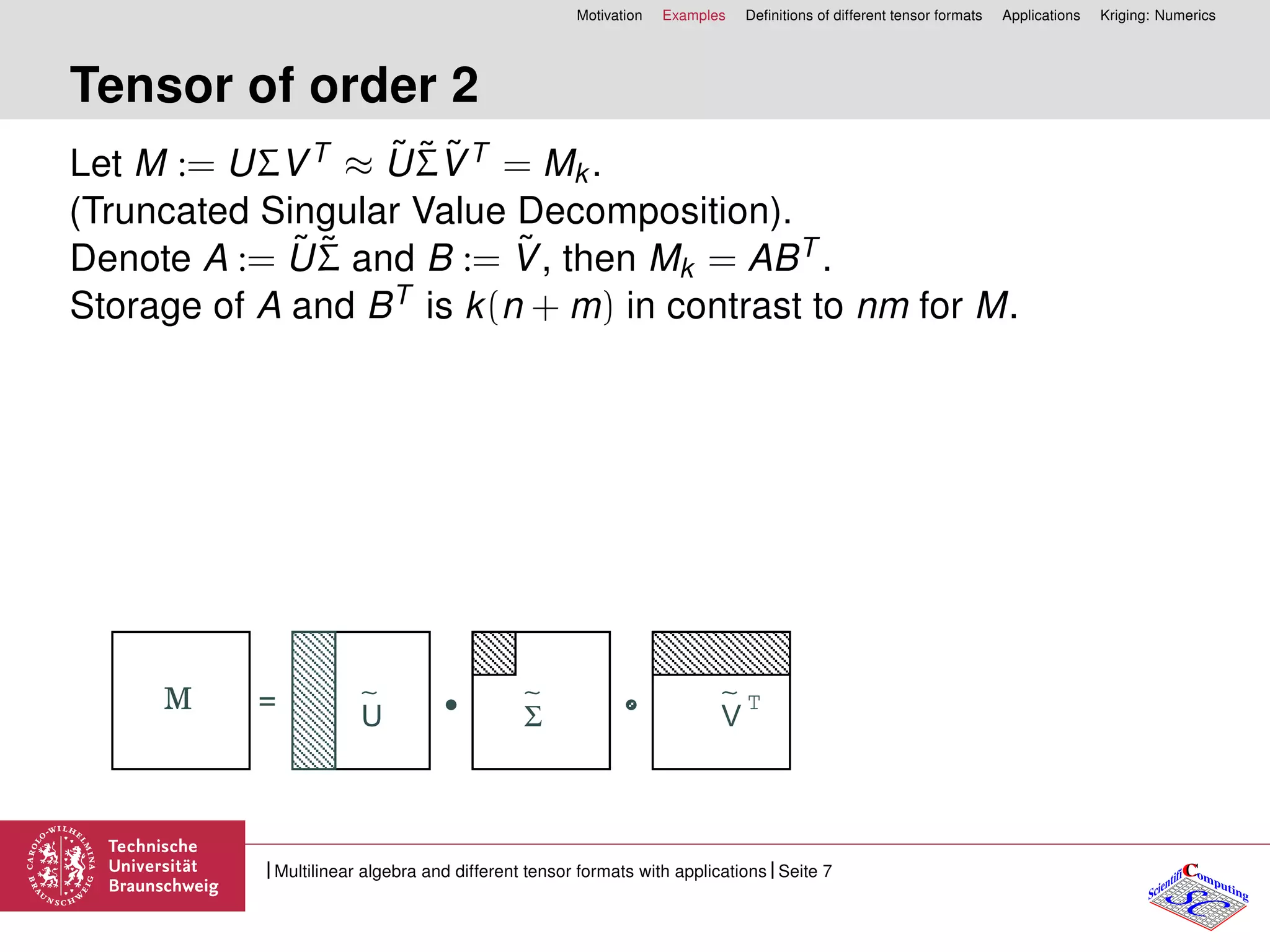 Motivation Examples Deﬁnitions of different tensor formats Applications Kriging: Numerics
Tensor of order 2
Let M := UΣVT ≈ ˜U˜Σ˜VT = Mk.
(Truncated Singular Value Decomposition).
Denote A := ˜U˜Σ and B := ˜V, then Mk = ABT .
Storage of A and BT is k(n + m) in contrast to nm for M.
U VΣ
∼ ∼ ∼ T=M
CC
SCScientifi omputing
Multilinear algebra and different tensor formats with applications Seite 7
 