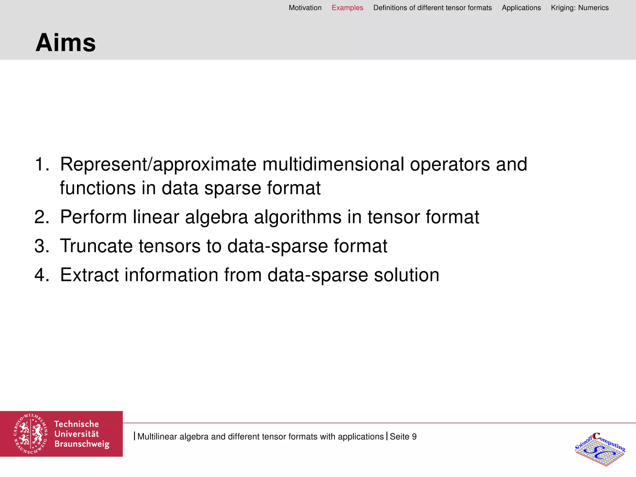 Motivation Examples Deﬁnitions of different tensor formats Applications Kriging: Numerics
Aims
1. Represent/approximate multidimensional operators and
functions in data sparse format
2. Perform linear algebra algorithms in tensor format
3. Truncate tensors to data-sparse format
4. Extract information from data-sparse solution
CC
SCScientifi omputing
Multilinear algebra and different tensor formats with applications Seite 9
 