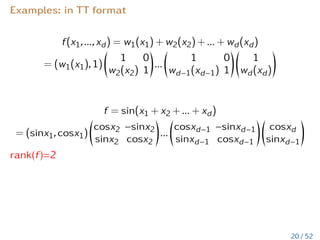 Examples: in TT format
f(x1,...,xd) = w1(x1) + w2(x2) + ... + wd(xd)
= (w1(x1),1)
1 0
w2(x2) 1
!
...
1 0
wd−1(xd−1) 1
!
1
wd(xd)
!
f = sin(x1 + x2 + ... + xd)
= (sinx1,cosx1)
cosx2 −sinx2
sinx2 cosx2
!
...
cosxd−1 −sinxd−1
sinxd−1 cosxd−1
!
cosxd
sinxd−1
!
rank(f)=2
20 / 52
 