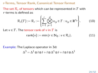 r-Terms, Tensor Rank, Canonical Tensor Format
The set Rr of tensors which can be represented in T with
r-terms is defined as
Rr(T ) := Rr :=









r
X
i=1
d
O
µ=1
viµ ∈ T : viµ ∈ Rnµ









. (10)
Let v ∈ T . The tensor rank of v in T is
rank(v) := min{r ∈ N0 : v ∈ Rr}. (11)
Example: The Laplace operator in 3d:
∆3
= ∆1
⊗ I ⊗ I + I ⊗ ∆1
⊗ I + I ⊗ I ⊗ ∆1
24 / 52
 
