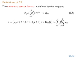 Definitions of CP
The canonical tensor format is defined by the mapping
Ucp :
d

µ=1
Rnµ×r
→ Rr, (12)
v̂ := (viµ : 1 ≤ i ≤ r, 1 ≤ µ ≤ d) 7→ Ucp(v̂) :=
r
X
i=1
d
O
µ=1
viµ.
25 / 52
 