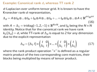 v can be computed in the canonical
tensor format with r1r2
Pd
µ=1 nµ arithmetic operations.
Let R1 = A1BT
1 , R2 = A2BT
2 be rank-k matrices, then
R1 + R2 = [A1A2][B1B2]T be rank-2k matrix. Rank truncation!
26 / 52
 