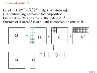 Tensor of order 2
Let M := UΣVT ≈ ŨΣ̃ṼT = Mk, k  min{n,m}.
(Truncated Singular Value Decomposition).
Denote A := ŨΣ̃ and B := Ṽ, then Mk = ABT.
Storage of A and BT is k(n + m) in contrast to nm for M.
U V
Σ
T
=
M
U
V
Σ
∼
∼ ∼ T
=
M
∼
8 / 52
 