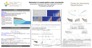 Center for Uncertainty
Quantification
Salinization of coastal aquifers under uncertainties
Alexander Litvinenko1
, Dmitry Logashenko2
, Raul Tempone1,2
, Ekaterina Vasilyeva2
, Gabriel Wittum2
1
RWTH Aachen, Germany, 2
KAUST, Saudi Arabia
litvinenko@uq.rwth-aachen.de
Center for Uncertainty
Quantification
Center for Uncertainty
Quantification
Abstract
Problem: Henry saltwater intrusion (nonlinear and time-dependent, describes a two-phase
subsurface flow)
Input uncertainty: porosity, permeability, and recharge (model by random fields)
Solution: the salt mass fraction (uncertain and time-dependent)
Method: Multi Level Monte Carlo (MLMC) method
Deterministic solver: parallel multigrid solver ug4
Questions:
1. How long can wells be used?
2. Where is the largest uncertainty?
3. Freshwater exceed. probabil.?
4. What is the mean scenario and its
variations?
5. What are the extreme scenarios?
6. How do the uncertainties change
over time?
Figure 1: Henry problem, taken from https://www.mdpi.com/2073-4441/10/2/230
1. Henry problem settings
The mass conservation laws for the entire liquid phase and salt yield the following equations
∂t(ϕρ) + ∇ · (ρq) = 0,
∂t(ϕρc) + ∇ · (ρcq − ρD∇c) = 0,
where ϕ(x, ξ) is porosity, x ∈ D, is determined by a set of RVs ξ = (ξ1, . . . , ξM, ...).
c(t, x) mass fraction of the salt, ρ = ρ(c) density of the liquid phase, and D(t, x) molecular
diffusion tensor.
For q(t, x) velocity, we assume Darcy’s law:
q = −
K
µ
(∇p − ρg),
where p = p(t, x) is the hydrostatic pressure, K permeability, µ = µ(c) viscosity of the liquid
phase, and g gravity. To compute: c and p.
Comput. domain: D × [0, T]. We set ρ(c) = ρ0 + (ρ1 − ρ0)c, and D = ϕDI,
I.C.: c|t=0 = 0, B.C.: c|x=2 = 1, p|x=2 = −ρ1gy. c|x=0 = 0, ρq · ex|x=0 = q̂in.
We model the uncertain ϕ using a random field and assume: K = KI, K = K(ϕ).
Methods: Newton method, BiCGStab, preconditioned with the geometric multigrid method
(V-cycle), ILUβ-smoothers and Gaussian elimination.
2. Solution of the Henry problem
q̂in = 6.6 · 10−2
kg/s
c = 0 c = 1
p = −ρ1gy
0
−1 m
2 m
y
x
D := [0, 2] × [−1, 0]; a realization of c(t, x); ϕ(ξ∗
) ∈ [0.18, 0.59]; E [c] ∈ [0, 0.35]; Var[c] ∈ [0.0, 0.04]
QoIs: c in the whole domain, c at a point, or integral values (the freshwater/saltwater integrals):
QFW (t, ω) :=
R
x∈D I(c(t, x, ω) ≤ 0.012178)dx, Qs(t, ω) :=
R
x∈D c(t, x, ω)ρ(t, x, ω)dx
2.1 Multi Level Monte Carlo (MLMC) method
Spatial and temporal grid hierarchies D0, D1, . . . , DL, and T0, T1, . . . , TL; n0 = 512, nℓ ≈ n0 · 16ℓ
,
τℓ+1 = 1
4τℓ, rℓ+1 = 4rℓ and rℓ = r04ℓ
. Computation complexity is
sℓ = O(nℓrℓ) = O(43ℓγ
n0 · r0)
MLMC approximates E [gL] ≈ E [g] using the following telescopic sum:
E [gL] ≈ m−1
0
m0
X
i=1
g
(0,i)
0 +
L
X
ℓ=1
m−1
ℓ
mℓ
X
i=1
(g
(ℓ,i)
ℓ − g
(ℓ,i)
ℓ−1 )
!
.
Minimize F(m0, . . . , mL) :=
PL
ℓ=0 mℓsℓ + µ2 Vℓ
mℓ
, obtain mℓ = ε−2
q
Vℓ
sℓ
PL
i=0
√
Visi.
100 realizations of QFW (t); Evolution of the pdf of c(t, x), t = {3τ, . . . , 48τ}; pdf of the earliest
time point when c(t, x) < 0.9, x = (1.85, −0.95); mean values E [c(t, x9, y9)]; variances
Var[c](t, x9, y9) on levels 0,1,2,3.
E [gℓ − gℓ−1] (t, x9, y9); V [gℓ − gℓ−1] (t, x9, y9), ℓ = 1, 2, 3, QoI is the integral value over D9 ; 100 realisations of g1 − g0, g2 − g1, g3 − g2, QoI gℓ is the integral value
Qs(t, ω) computed over a subdomain around 9th point, t ∈ [τ, 48τ].
Level ℓ nℓ, ( nℓ
nℓ−1
) rℓ, ( rℓ
rℓ−1
) τℓ = 6016/rℓ
Computing times (sℓ), ( sℓ
sℓ−1
)
average min. max.
0 153 94 64 0.6 0.5 0.7
1 2145 (14) 376 (4) 16 7.1 (14) 6.9 8.7
2 33153 (15.5) 1504 (4) 4 252.9 (36) 246.2 266.2
3 525825 (15.9) 6016 (4) 1 11109.8 (44) 9858.4 15506.9
#ndofs nℓ, number of time steps rℓ, time step τℓ; average, minimal, and maximal computing times on each level ℓ.
ε2
0.1
total cost of MC, SMC 9.5e + 6
total cost of MLMC, S 4.25e + 4
{m0, m1, m2, m3} {7927, 946, 57, 2}
Comparison of MC and MLMC
ε2
m0 m1 m2 m3
1 73 8 1 0
0.5 290 32 3 0
0.1 7258 811 68 1
0.05 29031 3245 274 5
MLMC: number of samples on level ℓ
(1)Weak (α = −2) and (2)strong (β = −3.4) convergences, ℓ = 0, 1, 2, 3. QoI=local integral of c
over (x, y)9 = (1.65, −0.75)-subdomain; (3) decay of absolute and (4) relative errors between
the mean values computed on a fine mesh via MC and via MLMC at (t, x, y) = (12, 1.60, −0.95).
Acknowledgements: KAUST HPC and the Alexander von Humboldt foundation.
1. A. Litvinenko, D. Logashenko, R. Tempone, E. Vasilyeva, G. Wittum, Uncertainty quantification in coastal aquifers using the multilevel Monte Carlo method,
arXiv:2302.07804, 2023
2. A. Litvinenko, D. Logashenko, R. Tempone, G. Wittum, D. Keyes, Solution of the 3D density-driven groundwater flow problem with uncertain porosity and
permeability, GEM-International Journal on Geomathematics 11, 1-29, 2020
3. A. Litvinenko, A.C. Yucel, H. Bagci, J. Oppelstrup, E. Michielssen, R. Tempone, Computation of electromagnetic fields scattered from objects with uncertain
shapes using multilevel Monte Carlo method, IEEE Journal on Multiscale and Multiphysics Computational Techniques 4, 37-50, 2019
4. A. Litvinenko, D. Logashenko, R. Tempone, G. Wittum, D. Keyes, Propagation of Uncertainties in Density-Driven Flow, In: Bungartz, HJ., Garcke, J., PflÃ¼ger,
D. (eds) Sparse Grids and Applications - Munich 2018. LNCSE, vol. 144, pp 121-126, Springer, 2018
 