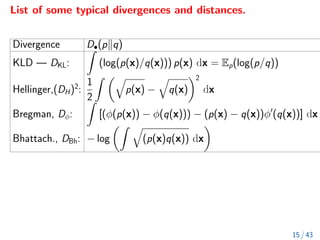 List of some typical divergences and distances.
Divergence D•(pkq)
KLD — DKL:
Z
(log(p(x)/q(x))) p(x) dx = Ep(log(p/q))
Hellinger,(DH)2
:
1
2
Z q
p(x) −
q
q(x)
2
dx
Bregman, Dφ:
Z
[(φ(p(x)) − φ(q(x))) − (p(x) − q(x))φ0
(q(x))] dx
Bhattach., DBh: − log
Z q
(p(x)q(x)) dx

15 / 43
 