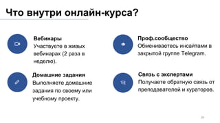 Вебинары
Участвуете в живых
вебинарах (2 раза в
неделю).
Домашние задания
Выполняете домашние
задания по своему или
учебному проекту.
Что внутри онлайн-курса?
Проф.сообщество
Обмениваетесь инсайтами в
закрытой группе Telegram.
Связь с экспертами
Получаете обратную связь от
преподавателей и кураторов.
26
 