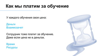 У каждого обучения своя цена:
Деньги
Взаимозачет
Сотрудник тоже платит за обучение.
Даже если цена не в деньгах.
Время
Ресурсы
Как мы платим за обучение
 