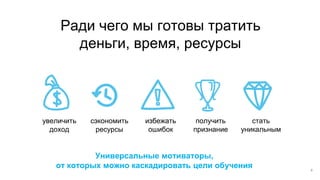 Ради чего мы готовы тратить
деньги, время, ресурсы
увеличить
доход
сэкономить
ресурсы
избежать
ошибок
получить
признание
стать
уникальным
8
Универсальные мотиваторы,
от которых можно каскадировать цели обучения
 