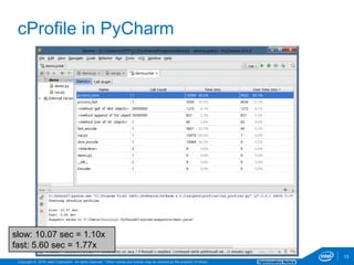 Copyright © 2016, Intel Corporation. All rights reserved. *Other names and brands may be claimed as the property of others. Optimization Notice
13
13
cProfile in PyCharm
slow: 10.07 sec = 1.10x
fast: 5.60 sec = 1.77x
 