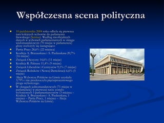 Współczesna scena polityczna 10 października 2004 roku odbyła się pierwsza tura kolejnych wyborów do parlamentu litewskiego (Seimas). Według nieoficjalnych danych w wyborach parlamentarnych w okręgu wielomandatowym (70 miejsc w parlamencie) głosy rozłożyły się następująco:Partia Pracy 28,6% (22 miejsca) Koalicja A. Brazauskasa i A. Paulauskasa 20,7% (16 miejsc) Związek Ojczyzny 14,6% (11 miejsc) Koalicja R. Paksasa 11,4% (9 miejsc) Związek Liberałów i Centrystów 9,1% (7 miejsc) Związek Rolników i Nowej Demokracji 6,6% (5 miejsc) Akcja Wyborcza Polaków na Litwie uzyskała 3,79% i nie przekroczyła pięcioprocentowego progu wyborczego.W okręgach jednomandatowych (71 miejsc w parlamencie) w pierwszej turze zostało wyłonionych 5 parlamentarzystów (3 miejsca – Koalicja A. Brazauskasa i A. Paulauskasa, 1 miejsce – Partia Pracy, 1 miejsce – Akcja Wyborcza Polaków na Litwie).