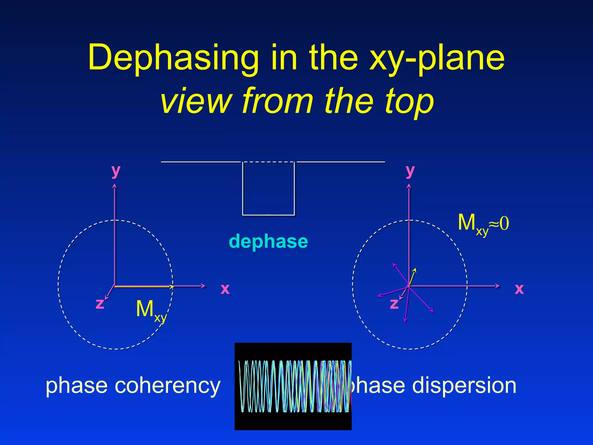 Dephasing in the xy-plane
view from the top
y
x
z Mxy
y
x
z
Mxy≈0
dephase
phase coherency phase dispersion
 