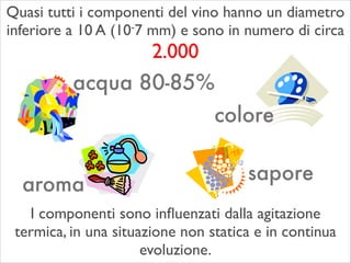 acqua 80-85%
aroma
colore
sapore
Quasi tutti i componenti del vino hanno un diametro
inferiore a 10 A (10-7 mm) e sono in numero di circa
2.000
I componenti sono inﬂuenzati dalla agitazione
termica, in una situazione non statica e in continua
evoluzione.
 