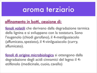aroma terziario
fenoli volatili che derivano dalla degradazione termica
della lignina e si sviluppano con la tostatura. Sono
l’eugenolo (chiodi garofano), il 4-metilguaiacolo
(affumicato, speziato), il 4-vinilguaiacolo (curry,
affumicato).	

!
fenoli di origine microbiologica si ottengono dalla
degradazione degli acidi cinnamici del legno: il 4-
etilfenolo (medicinale, cuoio, cavallo)	

afﬁnamento in botti, cessione di:
 