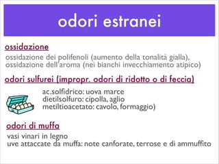 odori estranei
ac.solﬁdrico: uova marce	

dietilsolfuro: cipolla, aglio	

metiltioacetato: cavolo, formaggio)
ossidazione
ossidazione dei polifenoli (aumento della tonalità gialla),
ossidazione dell’aroma (nei bianchi invecchiamento atipico)
odori sulfurei (impropr. odori di ridotto o di feccia)
odori di muffa
vasi vinari in legno	

uve attaccate da muffa: note canforate, terrose e di ammufﬁto
 