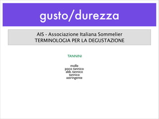 gusto/durezza
AIS - Associazione Italiana Sommelier
TERMINOLOGIA PER LA DEGUSTAZIONE
TANNINI
molle	

poco tannico	

abb. tannico	

tannico	

astringente
 