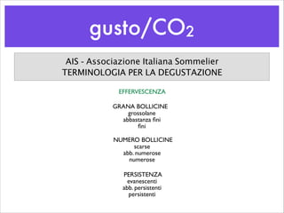 gusto/CO2
AIS - Associazione Italiana Sommelier
TERMINOLOGIA PER LA DEGUSTAZIONE
EFFERVESCENZA
GRANA BOLLICINE	

grossolane	

abbastanza ﬁni	

ﬁni
NUMERO BOLLICINE	

scarse	

abb. numerose	

numerose
PERSISTENZA	

evanescenti	

abb. persistenti	

persistenti
 