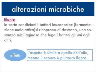 alterazioni microbiche
ﬁlante 
in certe condizioni i batteri leuconostoc (fermenta-
zione malolattica)si ricoprono di destrano, una so-
stanza micillaginosa che lega i batteri gli uni agli
altri.
l’aspetto è simile a quello dell’olio,
mentre il sapore è piuttosto ﬁacco.
effetti
 