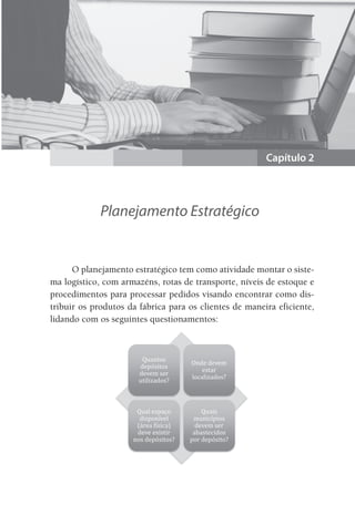 Capítulo 2
Planejamento Estratégico
O planejamento estratégico tem como atividade montar o siste-
ma logístico, com armazéns, rotas de transporte, níveis de estoque e
procedimentos para processar pedidos visando encontrar como dis-
tribuir os produtos da fábrica para os clientes de maneira eficiente,
lidando com os seguintes questionamentos:
n
Quanto
depósit
devem s
utilizado
Qual esp
disponív
(área físi
deve exi
nos depós
os
tos
ser
os?
paço
vel
ica)
stir
sitos?
Onde d
esta
localiza
Qua
munic
devem
abastec
por dep
devem
ar
ados?
ais
ípios
m ser
cidos
pósito?
 