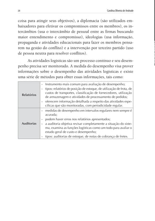 20	 Carolina Oliveira de Andrade
coisa para atingir seus objetivos), a diplomacia (são utilizados em-
baixadores para efetivar os compromissos entre os membros), os in-
tercâmbios (usa o intercâmbio de pessoal entre as firmas buscando
maior entendimento e compromisso), ideologias (usa informação,
propaganda e atividades educacionais para fazer os membros pensa-
rem na gestão do conflito) e a intervenção por terceiro partido (uso
de pessoa neutra para resolver conflitos).
As atividades logísticas são um processo contínuo e seu desem-
penho precisa ser monitorado. A medida do desempenho visa prover
informações sobre o desempenho das atividades logísticas e existe
uma série de métodos para obter essas informações, tais como:
Relatórios
-	 Instrumento mais comum para avaliação de desempenho;
-	 tipos: relatórios de posição de estoque, de utilização de frota, de
custos de transportes, classificação de fornecedores, utilização
de armazenagem e atividades de processamento de pedidos;
-	 oferecem informação detalhada a respeito das atividades espe-
cíficas que são monitoradas, com periodicidade regular.
Auditorias
-	 medidas de desempenho em intervalos regulares nem sempre é
acurada;
-	 podem haver erros nos relatórios apresentados;
-	 a auditoria objetiva revisar completamente a situação do siste-
ma, examina as funções logísticas como um todo para avaliar o
estado geral de custo e desempenho;
-	 tipos: auditorias de estoque, de notas de cobrança de fretes.
 