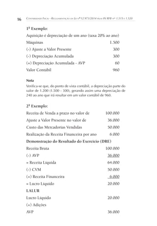 16 Contabilidade Fiscal - Regulamentação da Lei nº 12.973/2014 pelas IN RFB nos
1.515 e 1.520
1º Exemplo:
Aquisição é depreciação de um ano (taxa 20% ao ano)
Máquinas	1.500
(-) Ajuste a Valor Presente 	 300
(-) Depreciação Acumulada 	 300
(+) Depreciação Acumulada - AVP 	 60
Valor Contábil 	 960
Nota
Verifica-se que, do ponto de vista contábil, a depreciação parte do
valor de 1.200 (1.500 - 300), gerando assim uma depreciação de
240 ao ano que irá resultar em um valor contábil de 960.
2º Exemplo:
Receita de Venda a prazo no valor de 	 100.000
Ajuste a Valor Presente no valor de 	 36.000
Custo das Mercadorias Vendidas	 50.000
Realização da Receita Financeira por ano 	 6.000
Demonstração do Resultado do Exercício (DRE)
Receita Bruta 	 100.000
(-) AVP	 36.000
= Receita Líquida	 64.000
(-) CVM	 50.000
(+) Receita Financeira 	 6.000
= Lucro Líquido	 20.000
LALUR
Lucro Líquido 	 20.000
(+) Adições
AVP	36.000
 