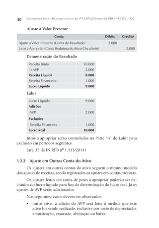 20 Contabilidade Fiscal - Regulamentação da Lei nº 12.973/2014 pelas IN RFB nos
1.515 e 1.520
Ajuste a Valor Presente
Conta Débito Crédito
Ajuste a Valor Presente (Conta de Resultado) 2.000
Juros a Apropriar (Conta Redutora do Ativo Circulante) 2.000
Demonstração do Resultado
Receita Bruta 10.000
(-) AVP 2.000
Receita Líquida 8.000
Receita Financeira 1.000
Lucro Líquido 9.000
Lalur
Lucro Líquido 9.000
Adições
AVP 2.000
Exclusões
Receita Financeira 1.000
Lucro Real 10.000
Juros a apropriar serão controlados na Parte “B” do Lalur para
exclusão em períodos seguintes
(art. 35 da IN RFB nº 1.515/2014)
1.2.2	 Ajuste em Outras Conta do Ativo
Os ajustes em outras contas do ativo seguem o mesmo modelo
dos ajustes de receitas, sendo registrados os ajustes em contas próprias.
Os ajustes feitos em conta de juros a apropriar poderão ser ex-
cluídos do lucro líquido para fins de determinação do lucro real. Já os
ajustes de AVP serão adicionados
Nos seguintes, casos devem ser observados:
•	 outro ativo, a adição do AVP será feita à medida que este
ativo for sendo realizado, inclusive por meio de depreciação,
amortização, exaustão, alienação ou baixa;
 