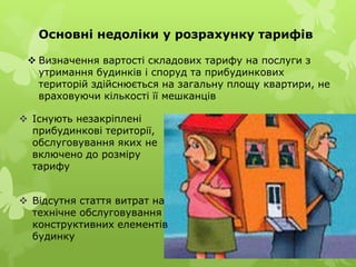 Основні недоліки у розрахунку тарифів

  Визначення вартості складових тарифу на послуги з
   утримання будинків і споруд та прибудинкових
   територій здійснюється на загальну площу квартири, не
   враховуючи кількості її мешканців

 Існують незакріплені
  прибудинкові території,
  обслуговування яких не
  включено до розміру
  тарифу


 Відсутня стаття витрат на
  технічне обслуговування
  конструктивних елементів
  будинку
 