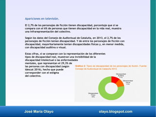 José María Olayo olayo.blogspot.com
Apariciones en televisión.
El 2,7% de los personajes de ficción tienen discapacidad, porcentaje que si se
compara con el 6% de personas que tienen discapacidad en la vida real, muestra
una infrarepresentación del colectivo.
Según los datos del Consejo de Audiovisual de Cataluña, en 2013, el 2,7% de los
personajes de ficción tenían discapacidad. Y de entre los personajes de ficción con
discapacidad, mayoritariamente tenían discapacidades físicas y, en menor medida,
con discapacidad auditiva o visual.
Estas cifras, si se comparan con la representación de los diferentes
tipos de discapacidad real, muestran una invisibilidad de la
discapacidad intelectual o las enfermedades
mentales, que representan el 29,3% de
las personas con discapacidad (según
Idescat 2016), hecho que puede
corresponder con el estigma
del colectivo.
 