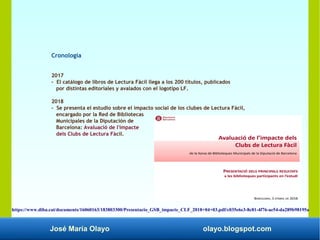 José María Olayo olayo.blogspot.com
Cronología
2017
- El catálogo de libros de Lectura Fácil llega a los 200 títulos, publicados
por distintas editoriales y avalados con el logotipo LF.
2018
- Se presenta el estudio sobre el impacto social de los clubes de Lectura Fácil,
encargado por la Red de Bibliotecas
Municipales de la Diputación de
Barcelona: Avaluació de l'impacte
dels Clubs de Lectura Fàcil.
https://www.diba.cat/documents/16060163/183803300/Presentacio_GSB_impacte_CLF_2018+04+03.pdf/c035e6e3-8c81-4f76-ae54-da289b98195a
 