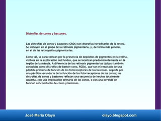 José María Olayo olayo.blogspot.com
Distrofias de conos y bastones.
Las distrofias de conos y bastones (CRDs) son distrofias hereditarias de la retina.
Se incluyen en el grupo de la retinosis pigmentaria, y, de forma más general,
en el de las retinopatías pigmentarias.
Como tal, se caracterizan por la presencia de depósitos de pigmentos en la retina,
visibles en la exploración del fundus, que se localizan predominantemente en la
región de la mácula. A diferencia de las retinosis pigmentarias típicas (también
conocidas como distrofias de bastón-cono, RCDs), que son el resultado de una
pérdida primaria de función de los fotoreceptores de los bastones, seguida por
una pérdida secundaria de la función de los fotorreceptores de los conos; las
distrofias de conos y bastones reflejan una secuencia de hechos totalmente
opuesta, con una implicación primaria de los conos, o con una pérdida de
función concomitante de conos y bastones.
 