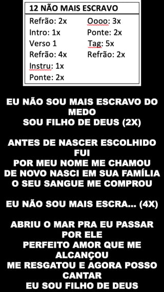 EU NÃO SOU MAIS ESCRAVO DO
MEDO
SOU FILHO DE DEUS (2X)
ANTES DE NASCER ESCOLHIDO
FUI
POR MEU NOME ME CHAMOU
DE NOVO NASCI EM SUA FAMÍLIA
O SEU SANGUE ME COMPROU
EU NÃO SOU MAIS ESCRA... (4X)
ABRIU O MAR PRA EU PASSAR
POR ELE
PERFEITO AMOR QUE ME
ALCANÇOU
ME RESGATOU E AGORA POSSO
CANTAR
EU SOU FILHO DE DEUS
 