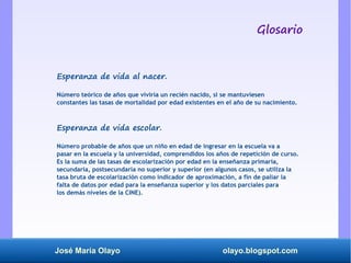 José María Olayo olayo.blogspot.com
Esperanza de vida al nacer.
Número teórico de años que viviría un recién nacido, si se...