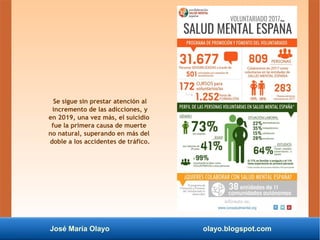 José María Olayo olayo.blogspot.com
Se sigue sin prestar atención al
incremento de las adicciones, y
en 2019, una vez más, el suicidio
fue la primera causa de muerte
no natural, superando en más del
doble a los accidentes de tráfico.
 